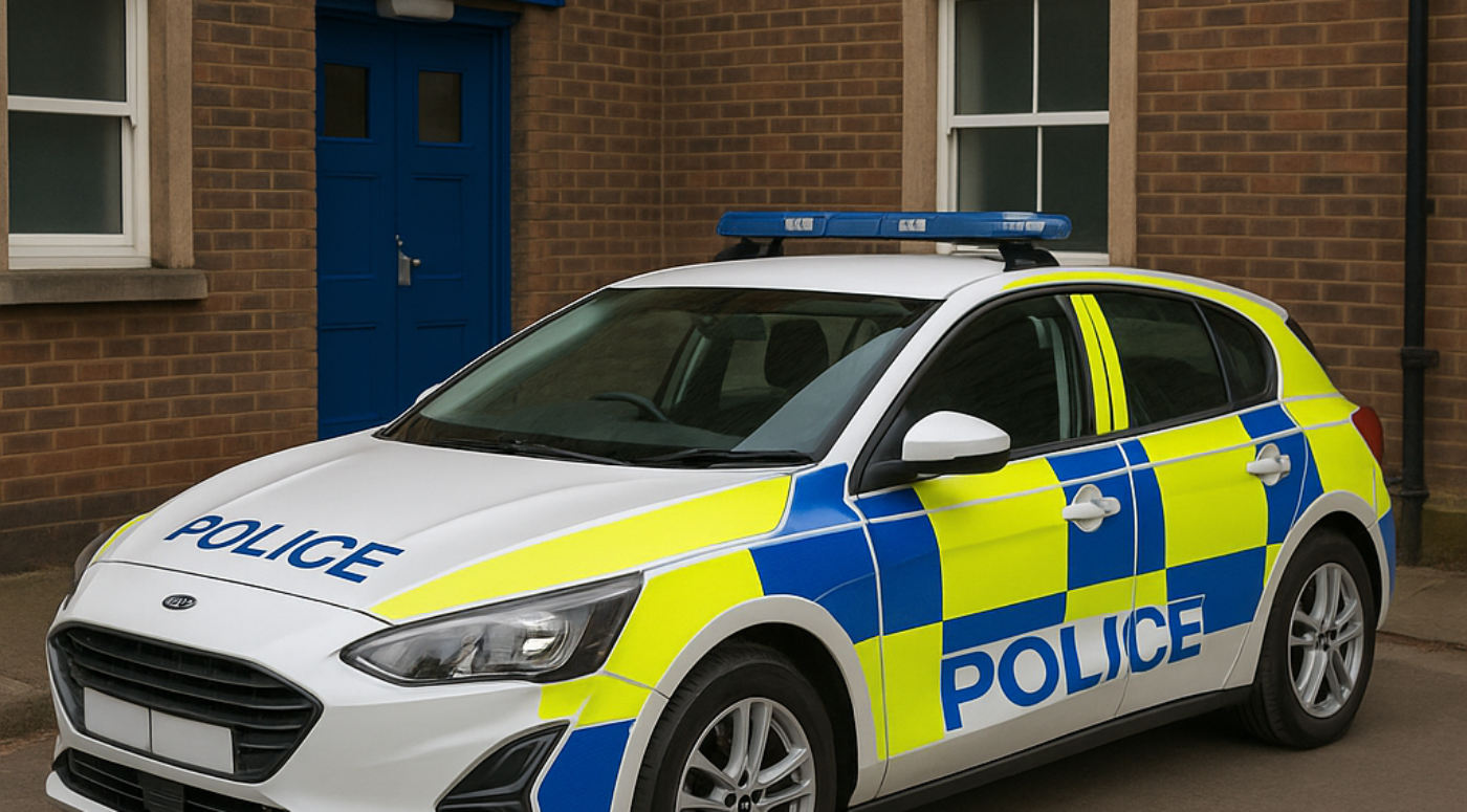 police car in front of a police station