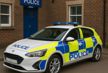 police car in front of a police station