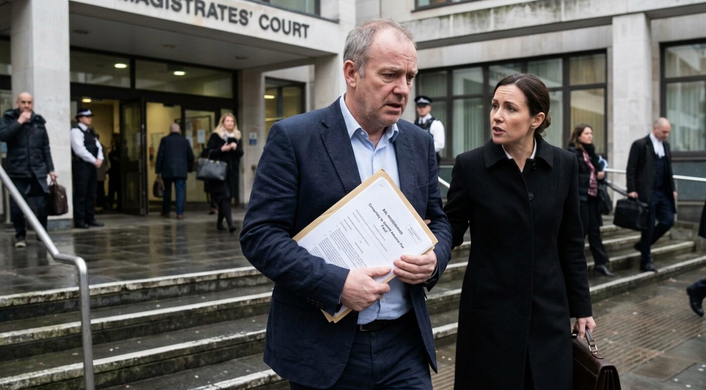 A man in a dark suit holds bail documents while leaving a UK Magistrates' Court, accompanied by a woman in a black coat, with police officers visible in the background.