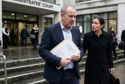 A man in a dark suit holds bail documents while leaving a UK Magistrates
