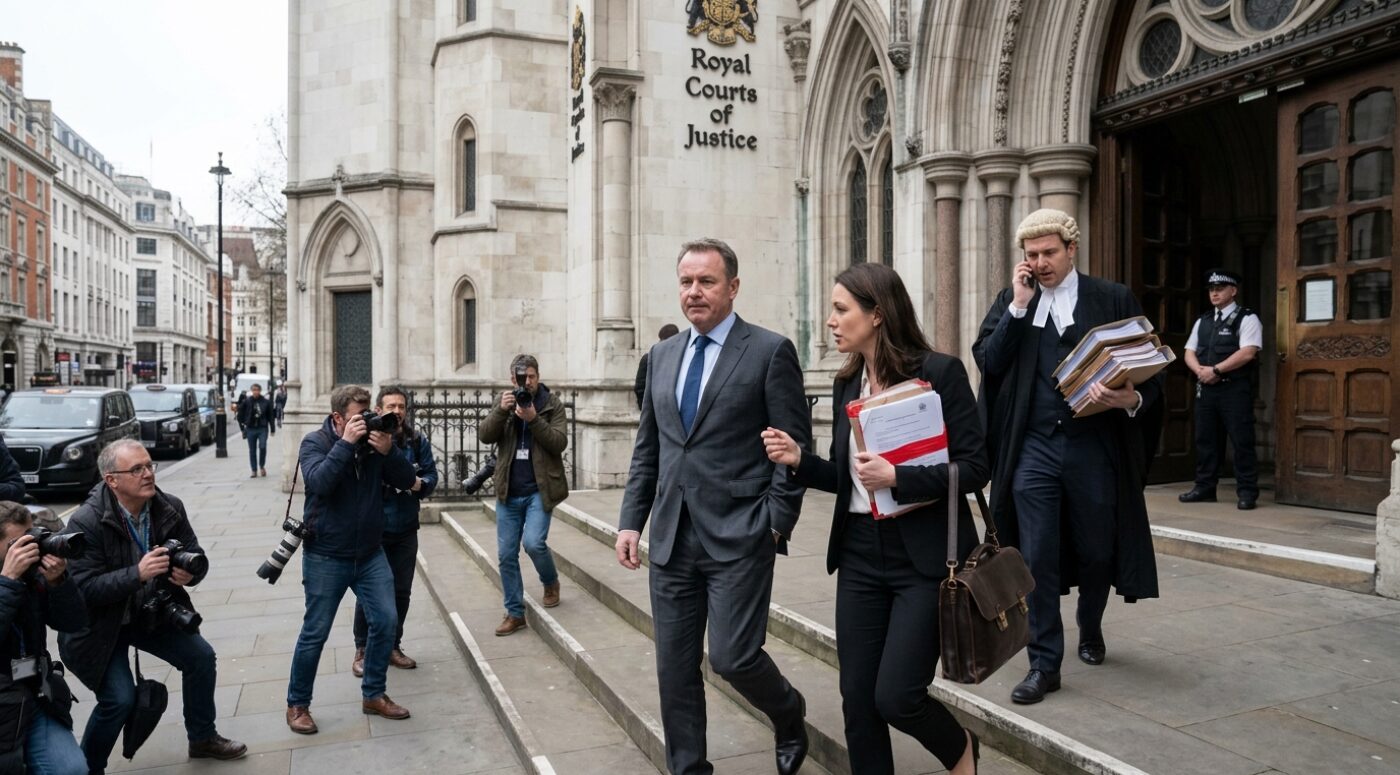 A man in a grey three-piece suit holding a manila envelope walks out of Southwark Crown Court alongside his solicitor carrying a briefcase, with press photographers and an LBC reporter capturing the moment, police officers standing guard, and a news banner reading "Mortgage Fraud Suspect Granted Bail – Southwark Crown Court" displayed across the bottom.