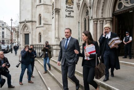 A man in a grey three-piece suit holding a manila envelope walks out of Southwark Crown Court alongside his solicitor carrying a briefcase, with press photographers and an LBC reporter capturing the moment, police officers standing guard, and a news banner reading "Mortgage Fraud Suspect Granted Bail – Southwark Crown Court" displayed across the bottom.