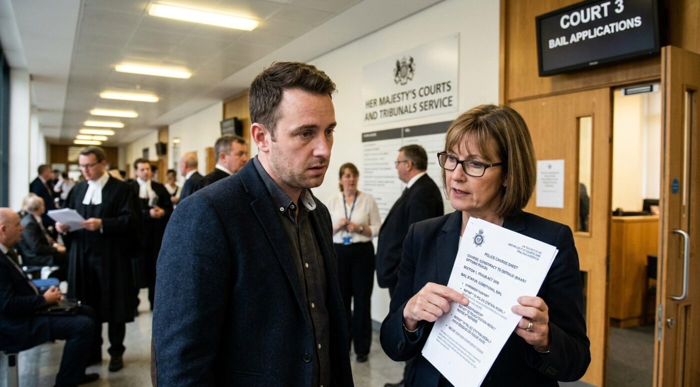 A young man in a dark blazer stands inside a UK Her Majesty's Courts and Tribunals Service building, listening to a woman with glasses holding a police charge sheet for binary option fraud, with barristers in wigs and a "Court 3 Bail Applications" sign visible in the background.