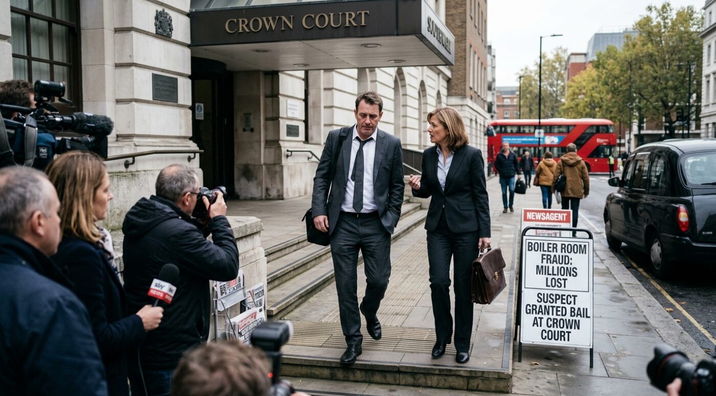 A man in a grey suit and a woman in a dark suit carrying a briefcase walk down the steps of a UK Crown Court, surrounded by press photographers and reporters, with a newsstand sign reading "Boiler Room Fraud: Millions Lost – Suspect Granted Bail at Crown Court" and a red London bus visible in the background.