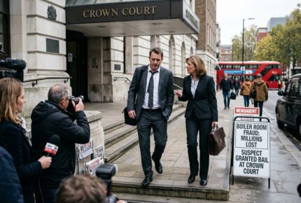 A man in a grey suit and a woman in a dark suit carrying a briefcase walk down the steps of a UK Crown Court, surrounded by press photographers and reporters, with a newsstand sign reading "Boiler Room Fraud: Millions Lost – Suspect Granted Bail at Crown Court" and a red London bus visible in the background.