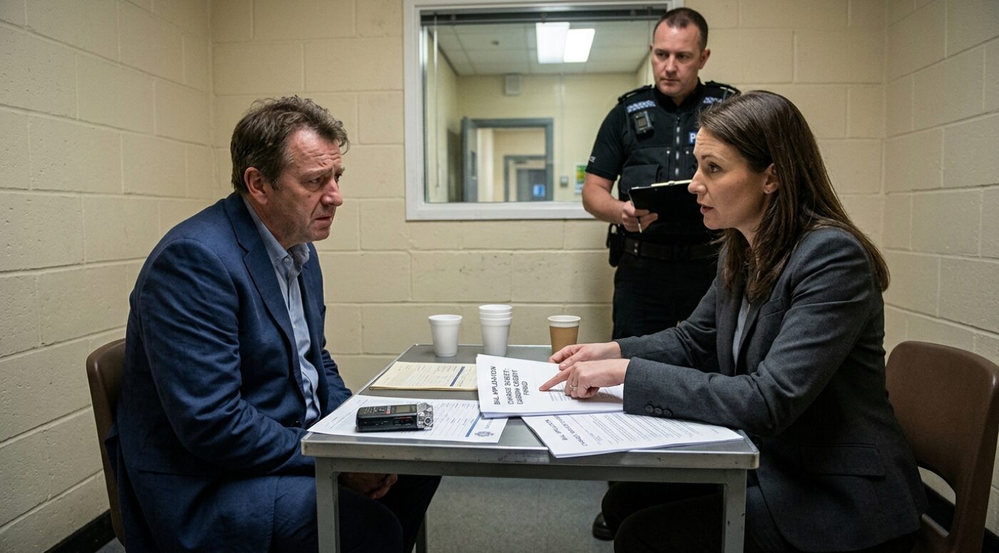 A middle-aged man in a navy blazer sits across from his female solicitor in a grey blazer inside a UK police interview room, discussing a bail application for a carbon credit fraud charge, with paperwork and a recording device on the table and a police officer standing guard in the background.