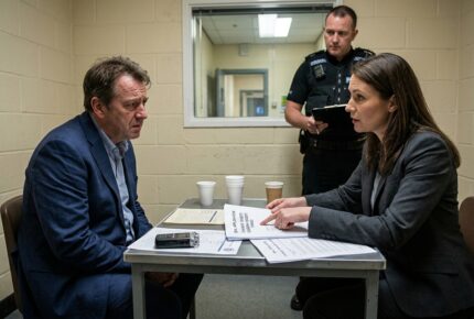 A middle-aged man in a navy blazer sits across from his female solicitor in a grey blazer inside a UK police interview room, discussing a bail application for a carbon credit fraud charge, with paperwork and a recording device on the table and a police officer standing guard in the background.