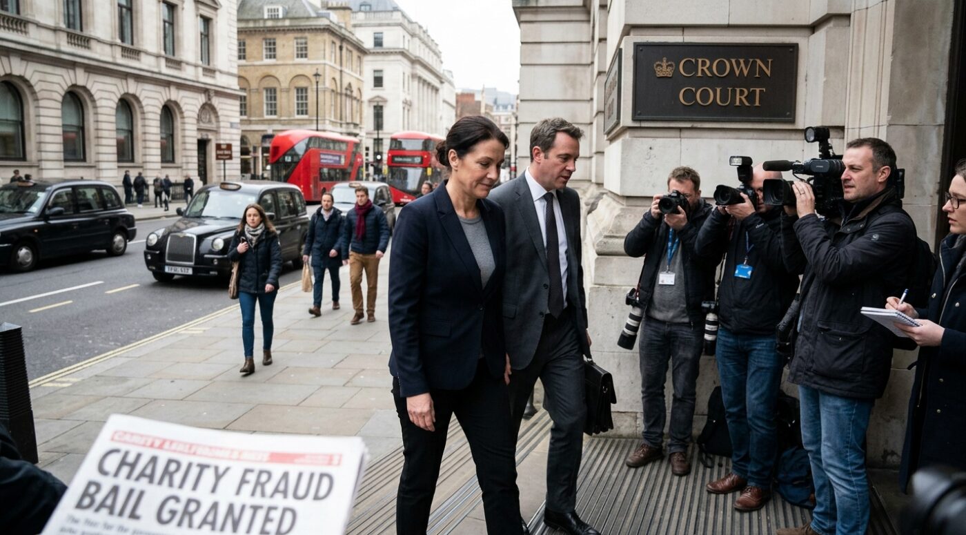 A woman in a dark blazer and a man in a suit carrying a briefcase walk past photographers and reporters outside a UK Crown Court, with a newspaper in the foreground showing the headline "Charity Fraud Bail Granted" and red London buses and black taxis visible in the background.