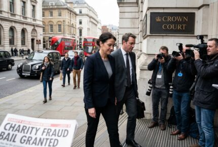 A woman in a dark blazer and a man in a suit carrying a briefcase walk past photographers and reporters outside a UK Crown Court, with a newspaper in the foreground showing the headline "Charity Fraud Bail Granted" and red London buses and black taxis visible in the background.