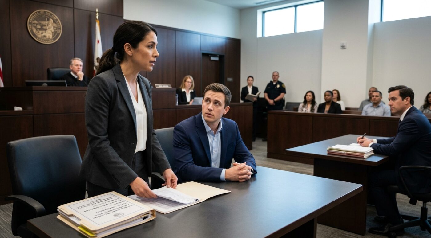 A young man in a navy blazer sits at the defense table with his female solicitor in a grey suit during a bail hearing at a US Superior Court for production of a controlled drug charges, with a court clerk, a uniformed officer, and members of the public visible in the gallery.
