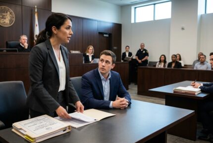 A young man in a navy blazer sits at the defense table with his female solicitor in a grey suit during a bail hearing at a US Superior Court for production of a controlled drug charges, with a court clerk, a uniformed officer, and members of the public visible in the gallery.