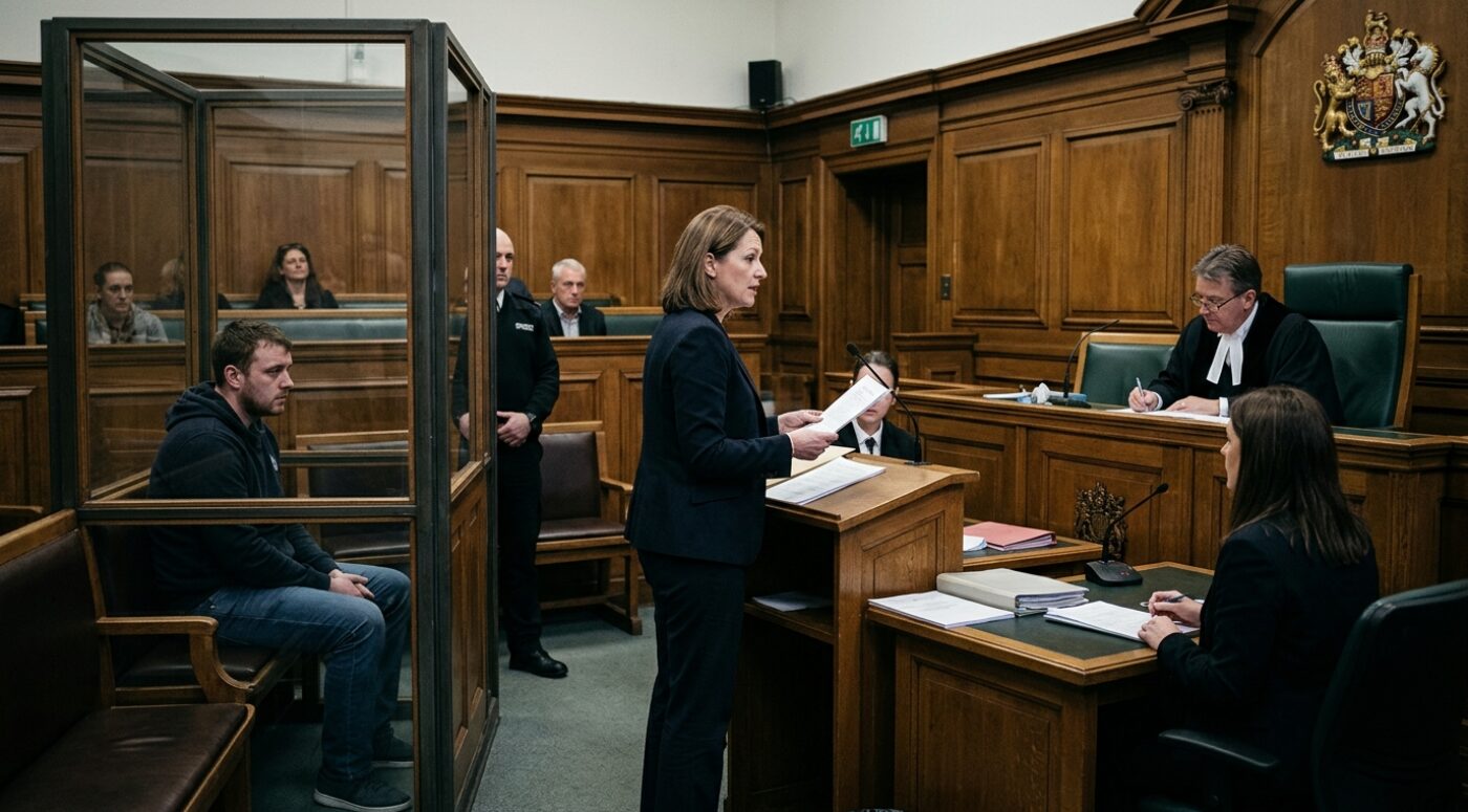 A man in a suit walks out of a UK Magistrates' Court with his solicitor holding bail documents related to a digital piracy copyright case, as press photographers capture the moment outside the court entrance.