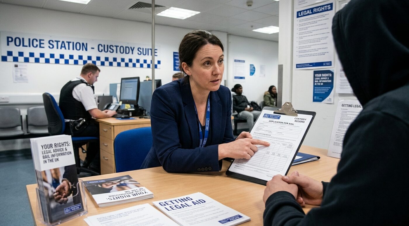A female solicitor with a Metropolitan Police lanyard explains a bail application form on a clipboard to a hooded detainee inside a UK Police Station Custody Suite, with "Your Rights," "Getting Legal Aid," and "Legal Rights" information leaflets on the table and a police officer working at a desk in the background.