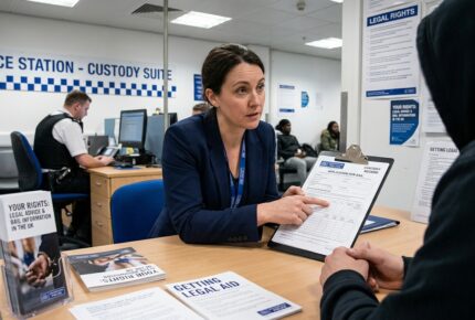 A female solicitor with a Metropolitan Police lanyard explains a bail application form on a clipboard to a hooded detainee inside a UK Police Station Custody Suite, with "Your Rights," "Getting Legal Aid," and "Legal Rights" information leaflets on the table and a police officer working at a desk in the background.