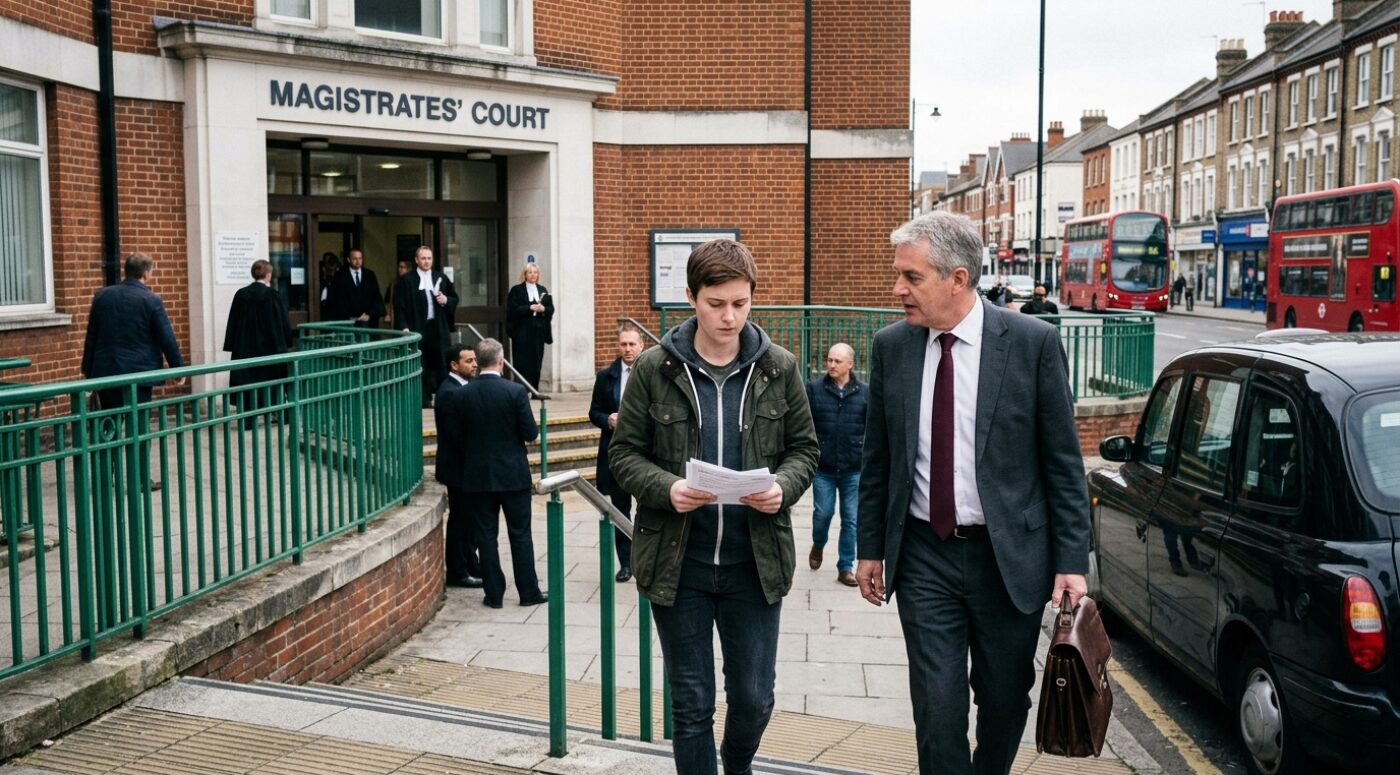 A young person in a green jacket reads bail paperwork while walking away from a UK Magistrates' Court alongside an older male solicitor in a suit carrying a leather briefcase, with barristers in wigs and gowns visible at the court entrance and red London buses passing on the street behind them