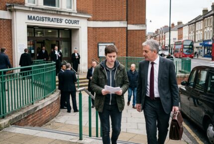A young person in a green jacket reads bail paperwork while walking away from a UK Magistrates