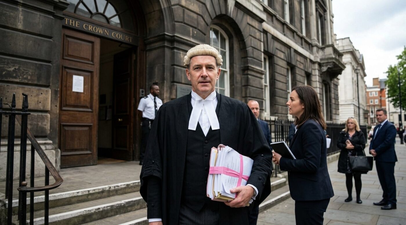 A barrister in traditional wig and gown carries a pink-ribboned bundle of case files outside a UK Crown Court after representing a client in a drug importation bail hearing, with his instructing solicitor holding a notebook nearby and a police officer standing at the court entrance.