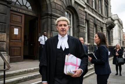 A barrister in traditional wig and gown carries a pink-ribboned bundle of case files outside a UK Crown Court after representing a client in a drug importation bail hearing, with his instructing solicitor holding a notebook nearby and a police officer standing at the court entrance.