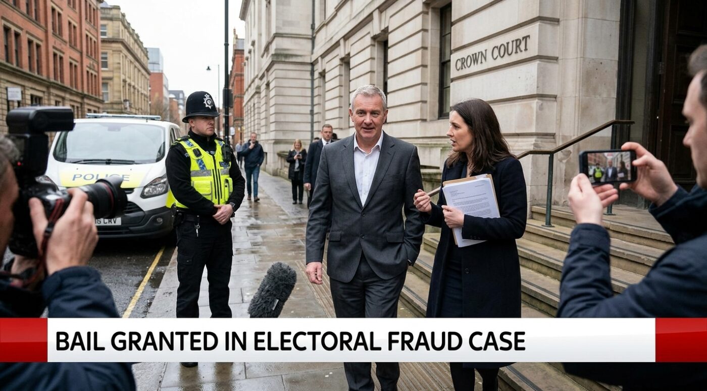 A man in a grey suit stands outside a UK Crown Court speaking with a woman in a dark coat holding legal documents, while a police officer and police van are visible nearby and photographers film the scene, with a news banner reading "Bail Granted in Electoral Fraud Case" across the bottom.