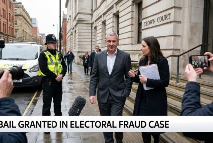 A man in a grey suit stands outside a UK Crown Court speaking with a woman in a dark coat holding legal documents, while a police officer and police van are visible nearby and photographers film the scene, with a news banner reading "Bail Granted in Electoral Fraud Case" across the bottom.