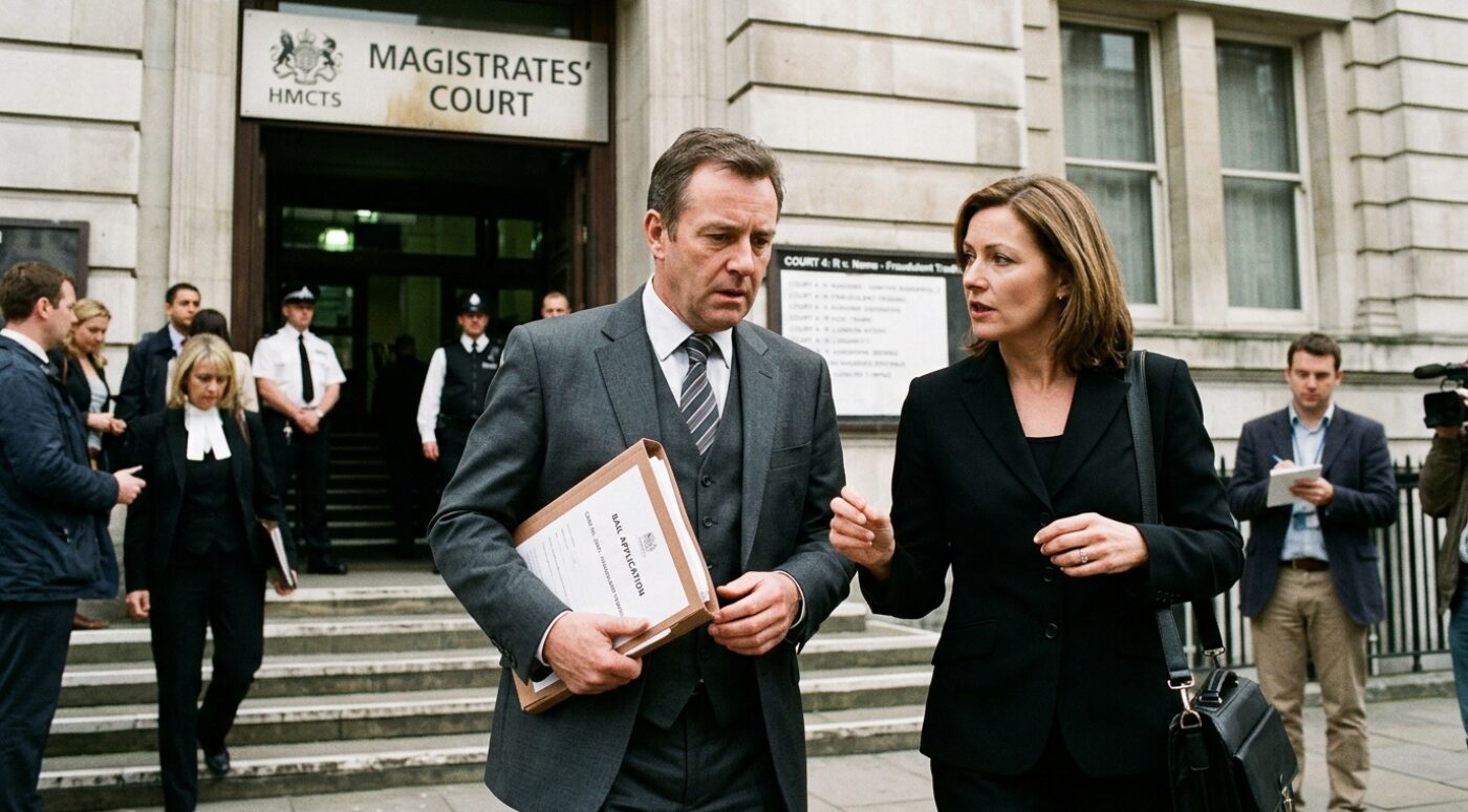 A man in a grey three-piece suit holds a bail application folder while leaving a UK HMCTS Magistrates' Court, accompanied by a woman in a black suit carrying a briefcase, with police officers, a barrister in a wig, and a journalist taking notes visible in the background.