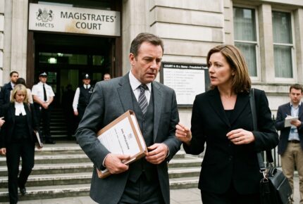 A man in a grey three-piece suit holds a bail application folder while leaving a UK HMCTS Magistrates