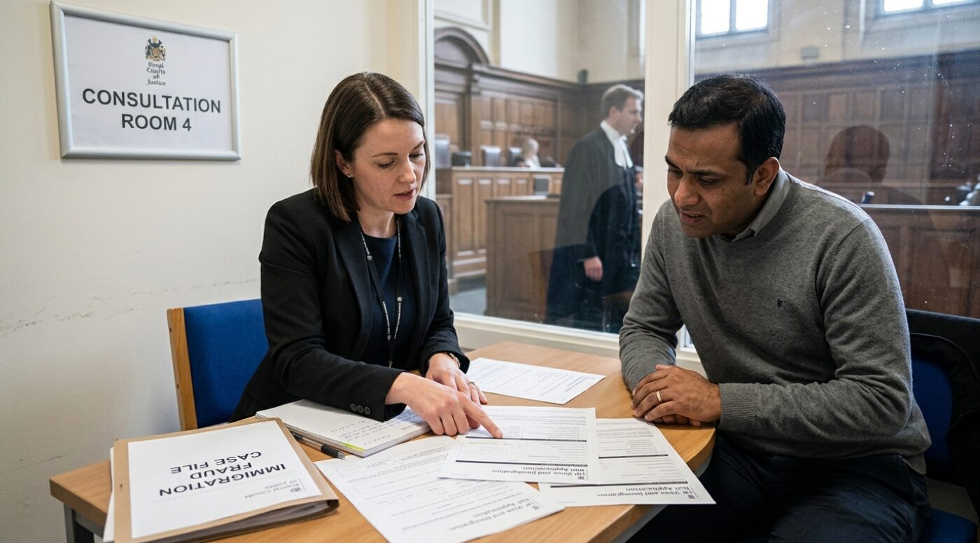 A female solicitor in a black blazer reviews bail application paperwork with a male client in a grey jumper inside Consultation Room 4 at the UK Royal Courts of Justice, with an immigration fraud case file on the table and a barrister visible through the window in the courtroom behind them.