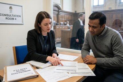A female solicitor in a black blazer reviews bail application paperwork with a male client in a grey jumper inside Consultation Room 4 at the UK Royal Courts of Justice, with an immigration fraud case file on the table and a barrister visible through the window in the courtroom behind them.