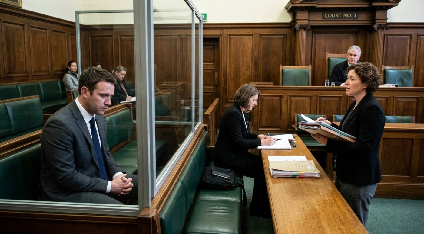 A man in a grey suit and blue tie sits in the glass dock of UK Court No. 3 looking downcast while his female barrister presents bail application case files to the judge, with a solicitor taking notes nearby and members of the public seated in the gallery behind the dock.