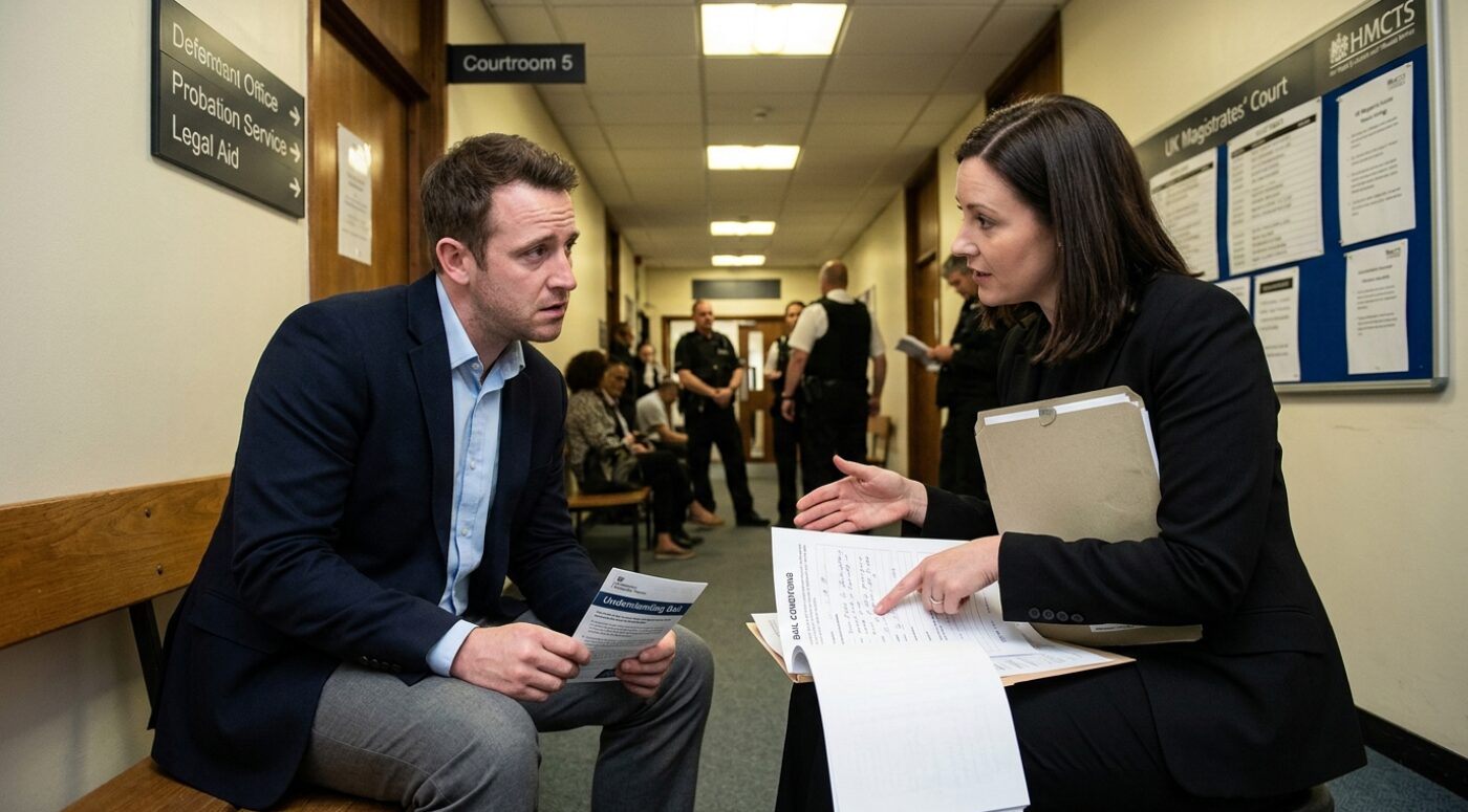A female solicitor in a black blazer reviews bail application paperwork with a male client in a grey jumper inside Consultation Room 4 at the UK Royal Courts of Justice, with an immigration fraud case file on the table and a barrister visible through the window in the courtroom behind them.