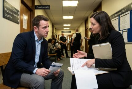 A female solicitor in a black blazer reviews bail application paperwork with a male client in a grey jumper inside Consultation Room 4 at the UK Royal Courts of Justice, with an immigration fraud case file on the table and a barrister visible through the window in the courtroom behind them.