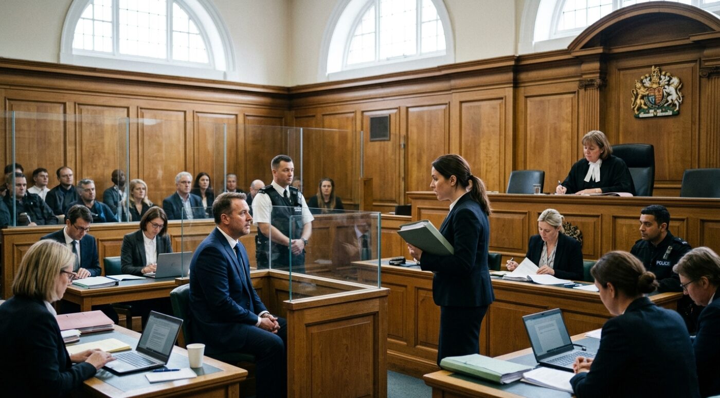 A man in a dark suit stands outside a UK Crown Court with his solicitor holding investment fraud bail documents, surrounded by press photographers and reporters after being granted bail.