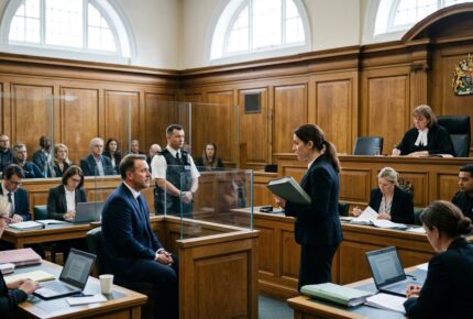A man in a dark suit stands outside a UK Crown Court with his solicitor holding investment fraud bail documents, surrounded by press photographers and reporters after being granted bail.