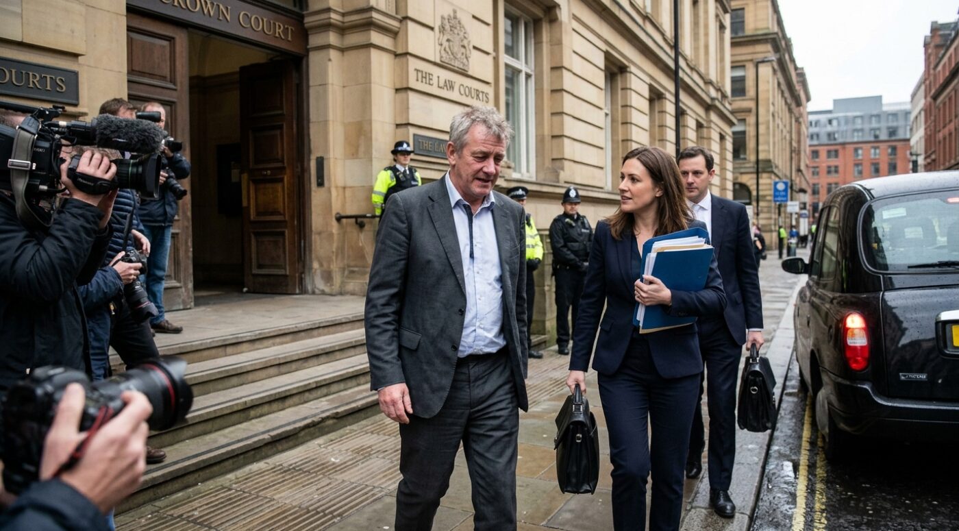 A middle-aged man in a grey suit walks away from a UK Crown Court alongside his solicitor carrying blue legal folders and a briefcase, with press photographers filming, police officers standing guard at the entrance, and a black taxi waiting on the street.