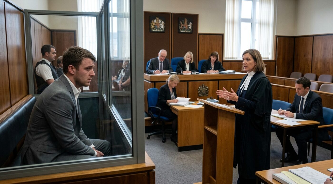 A young man in a grey suit sits in the glass dock of a UK Crown Court while his female barrister in a wig and gown presents his bail application to a panel of three magistrates seated at the bench, with court staff and a police officer taking notes nearby during a possession with intent to supply hearing.