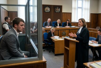 A young man in a grey suit sits in the glass dock of a UK Crown Court while his female barrister in a wig and gown presents his bail application to a panel of three magistrates seated at the bench, with court staff and a police officer taking notes nearby during a possession with intent to supply hearing.