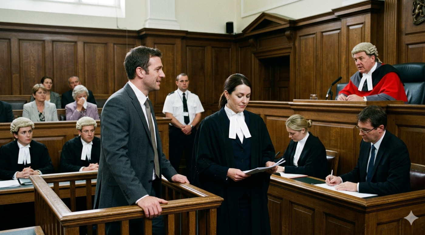 A defendant in a grey suit stands in the dock of a UK Crown Court speaking to a female barrister in a wig and gown holding case files, with a red-robed judge presiding from the bench, other barristers seated in the well of the court, a uniformed police officer standing guard, and members of the public watching from the gallery.
