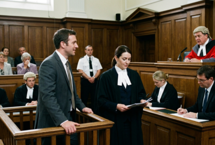 A defendant in a grey suit stands in the dock of a UK Crown Court speaking to a female barrister in a wig and gown holding case files, with a red-robed judge presiding from the bench, other barristers seated in the well of the court, a uniformed police officer standing guard, and members of the public watching from the gallery.