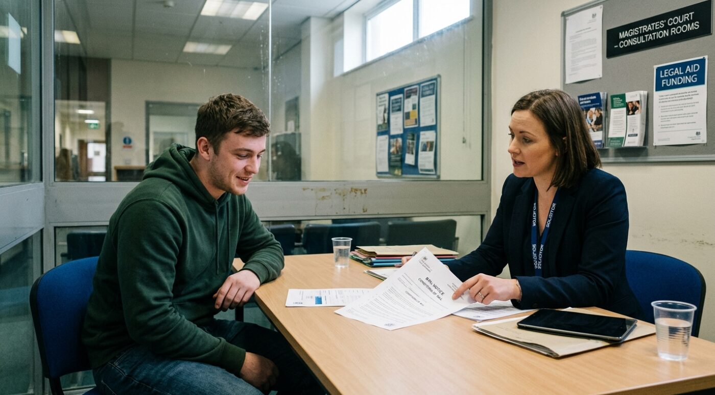 A young man in a green hoodie sits across from a female solicitor wearing a "Solicitor" lanyard inside a UK Magistrates' Court consultation room, reviewing a bail notice and conditions document for a computer hacking charge, with Legal Aid Funding posters visible on the wall behind them.