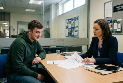 A young man in a green hoodie sits across from a female solicitor wearing a "Solicitor" lanyard inside a UK Magistrates