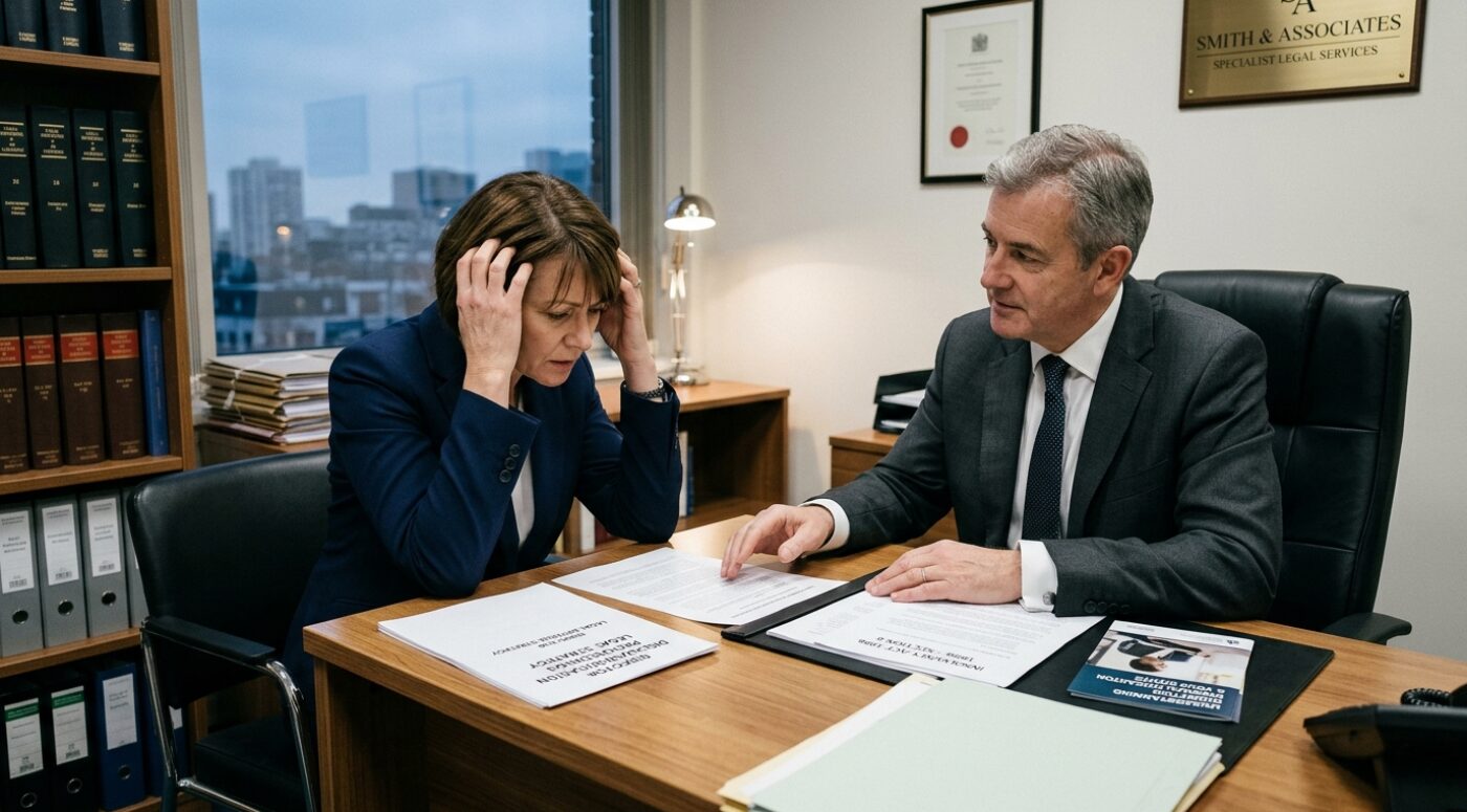 A distressed woman in a navy blazer sits across from a senior solicitor in a grey suit at the Smith & Associates law firm office, reviewing director disqualification proceedings and bail application paperwork, with legal volumes on shelves and a London cityscape visible through the window.