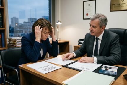 A distressed woman in a navy blazer sits across from a senior solicitor in a grey suit at the Smith & Associates law firm office, reviewing director disqualification proceedings and bail application paperwork, with legal volumes on shelves and a London cityscape visible through the window.