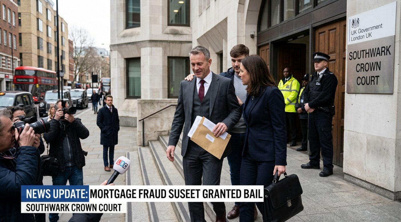 A man in a grey three-piece suit holding a manila envelope walks out of Southwark Crown Court alongside his solicitor carrying a briefcase after being granted bail in a VAT fraud case, with press photographers, an LBC reporter, and police officers gathered at the entrance, and a red London bus visible in the background.