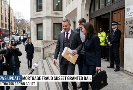 A man in a grey three-piece suit holding a manila envelope walks out of Southwark Crown Court alongside his solicitor carrying a briefcase after being granted bail in a VAT fraud case, with press photographers, an LBC reporter, and police officers gathered at the entrance, and a red London bus visible in the background.