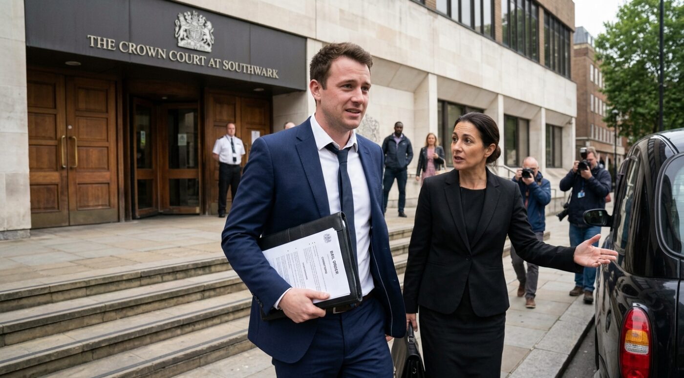 A young man in a navy suit and loosened tie holding a bail order document walks out of The Crown Court at Southwark alongside his female solicitor, with press photographers capturing the moment and a waiting black taxi nearby after he was granted bail in an online fraud case.
