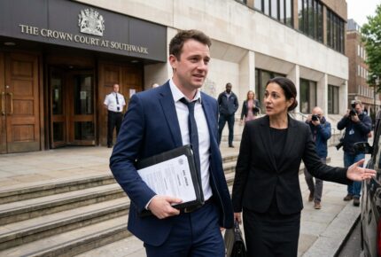 A young man in a navy suit and loosened tie holding a bail order document walks out of The Crown Court at Southwark alongside his female solicitor, with press photographers capturing the moment and a waiting black taxi nearby after he was granted bail in an online fraud case.