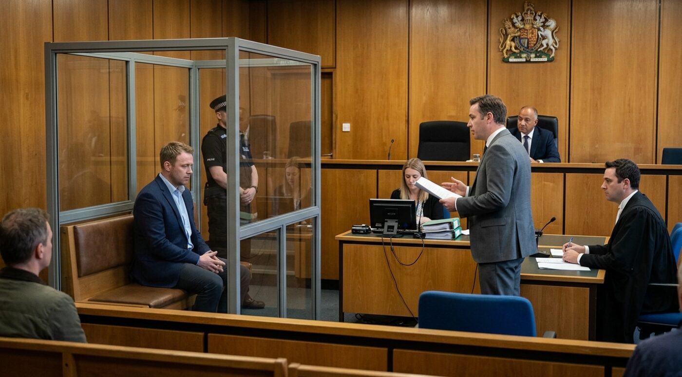 A man in a navy blazer sits in the glass dock of a UK Crown Court during a bank fraud bail hearing while his barrister in a grey suit reads from case papers, with the judge presiding under the Royal Coat of Arms, a court clerk typing on a computer, a uniformed police officer guarding the dock, and another barrister taking notes.