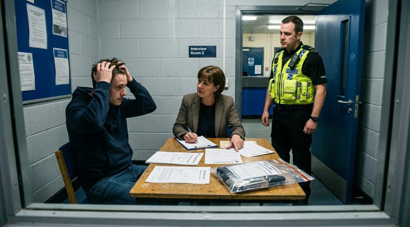 A distressed man in a navy hoodie sits with his head in his hands inside a UK police station Interview Room 2, while his female solicitor in a checked blazer discusses a cannabis cultivation bail application and evidence bags with a uniformed police officer in a hi-vis jacket, viewed through the observation window.