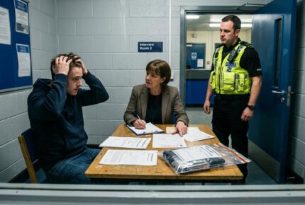 A distressed man in a navy hoodie sits with his head in his hands inside a UK police station Interview Room 2, while his female solicitor in a checked blazer discusses a cannabis cultivation bail application and evidence bags with a uniformed police officer in a hi-vis jacket, viewed through the observation window.