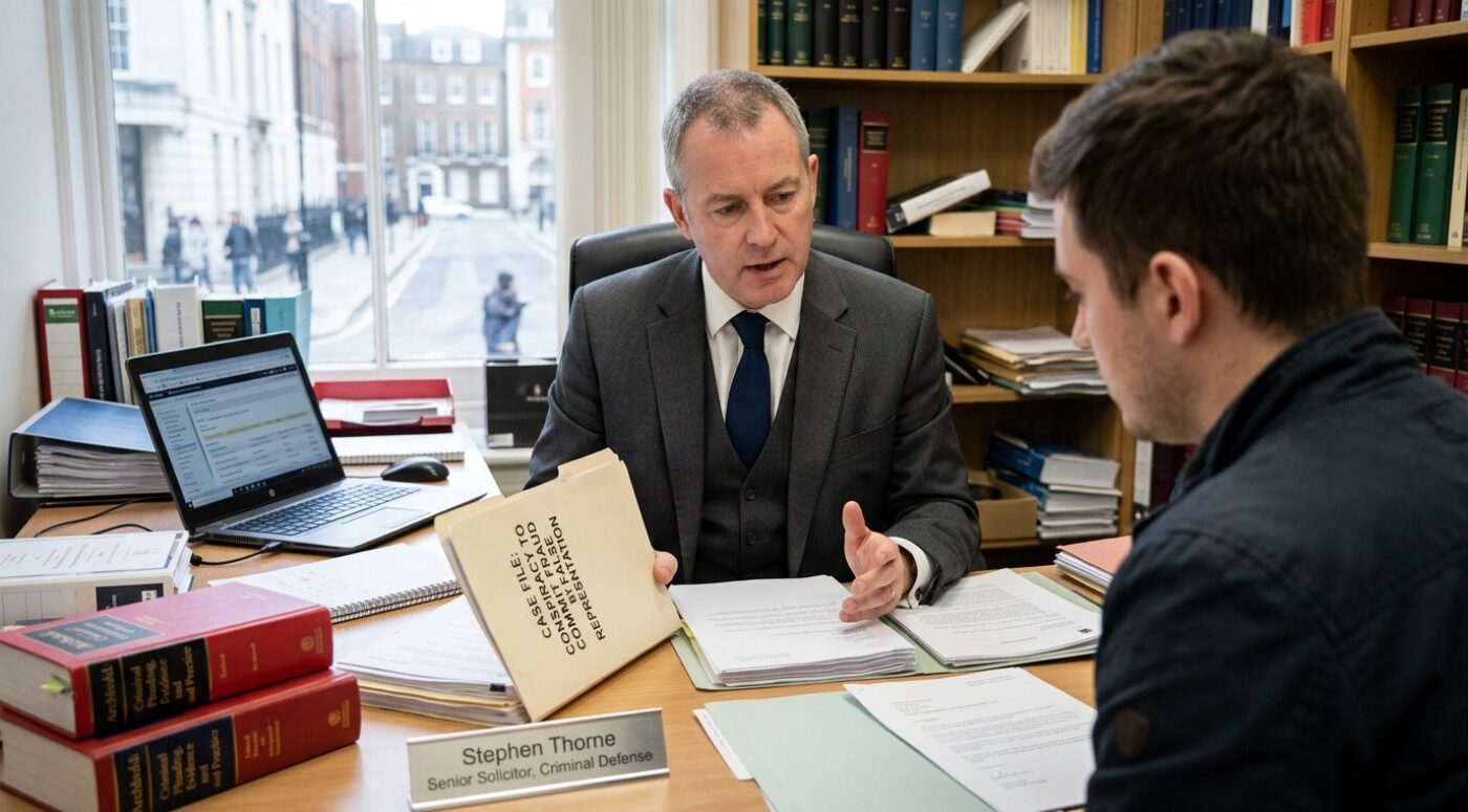 A senior solicitor named Stephen Thorne sits at his desk in a UK law office, explaining a bail application strategy for a conspiracy to commit fraud by false representation case to a young male client, with legal textbooks, a laptop displaying case notes, and a case file on the table.